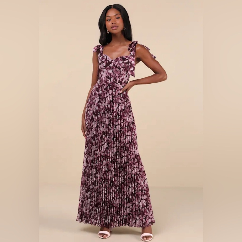 Lulus Illustrious Aura Plum Purple Floral Bustier Toe Strap Maxi Dress | Size M